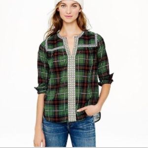 EUC J. Crew v neck pattern plaid embroider peasant boho blouse tunic top